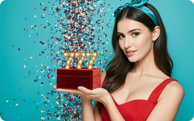 Pin-Up qızı qızıl rəqəmləri tutaraq 777 qazancını qeyd edir